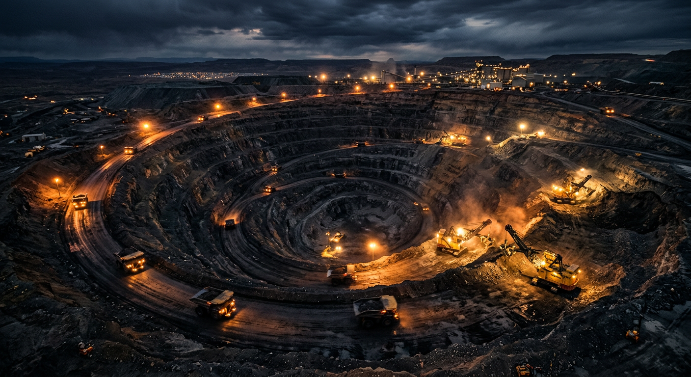 Nighttime open-pit mine with haul trucks